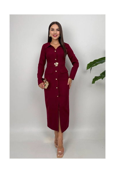 Butik Kemer Detaylı Cepli Uzun Elbise