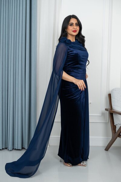 TREN Navy Blue Velvet Evening Gown with Chiffon Cape Overlay and Thigh Slit for Formal Events