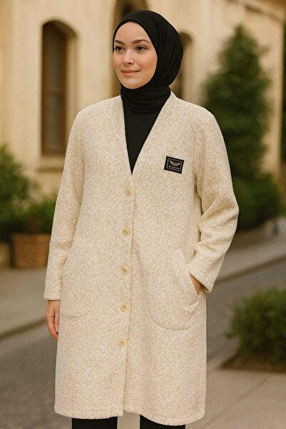 ECK MODA Women's Buttoned Front Double Pocket Felt Plush Cardigan