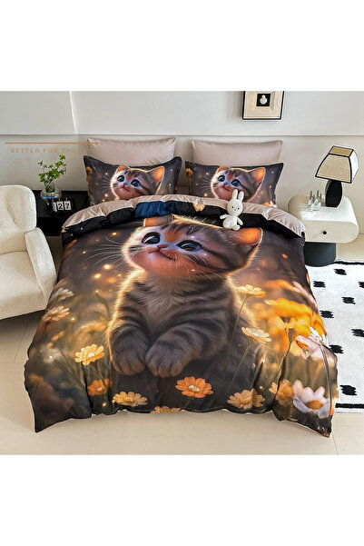 FIONNA.RO Finet Bed Linen 4 Pieces With 5D Elastic 1 Person - Kitty Among Flo...