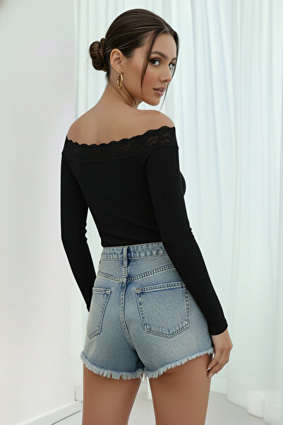 SWALORA Lace Boat Neck Slim Fit Blouse