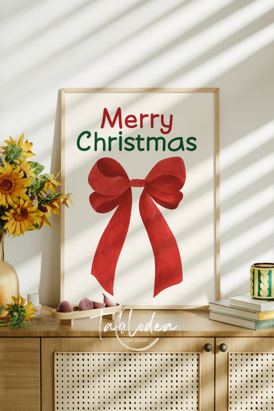 tablodea Merry Christmas Kırmızı Fiyonk Desenli Yılbaşı Dekoru Çerçeveli Poster D Minimalist Yeni Yıl Tablosu