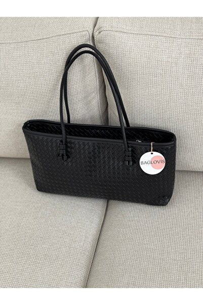 BAGLOVİS Classic Medium Size Knit Detail Black Women's Shoulder Bag En40 Boy20