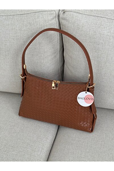 BAGLOVİS Baguette Taba Women's Shoulder Bag with Adjustable Strap and Knitted Pattern En30 Boy20