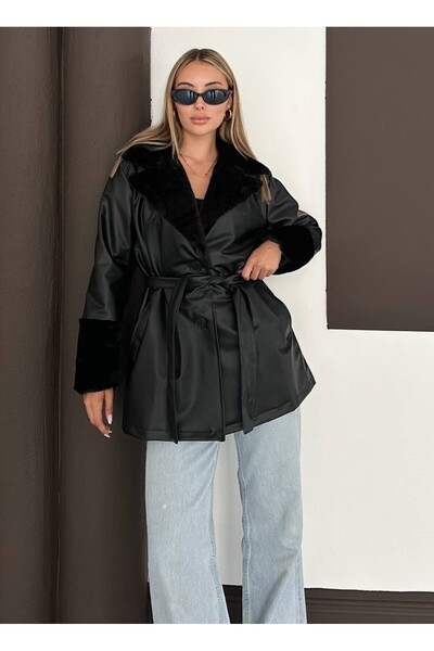 MAXXANA Trench scurt din piele artificială cu detaliu de pene