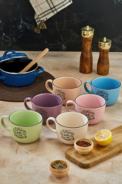 EMBazaar Printed Mega Mug 6-Piece Colored Handled Soup Bowl/Tea/Herbal Tea/Large Mug Set/Espresso