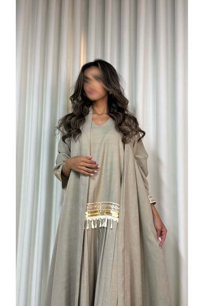 AYA mw1655-Indian Linen Abaya with Trim and Added Inner Dress