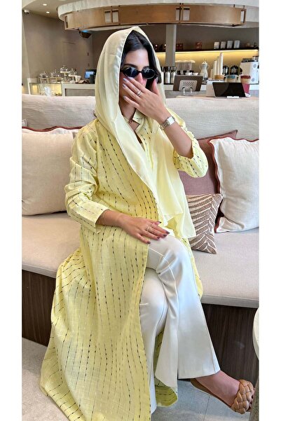 AYA عباية كتان هندية مخططة باللون الأصفر من الكتان الهندي المخطط