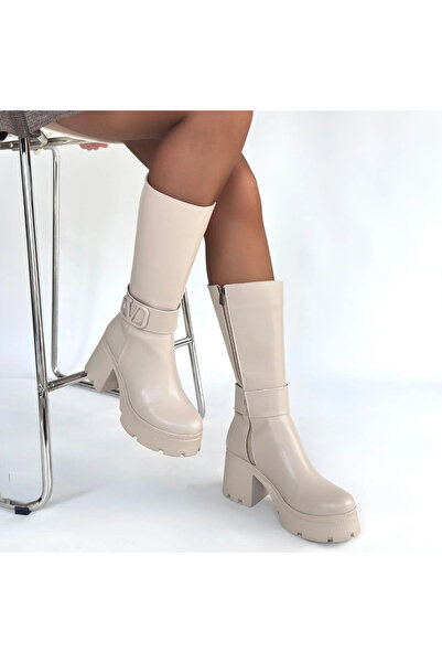 ALFA AKSESUAR 03 Moki Beige Leather Heeled Boots