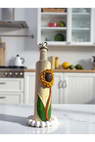 Mes Reves 500 ml Handmade Medium-Sized Sunflower Patterned Glass Oil Pot – Cracked Texture, Embossed Clay Applied