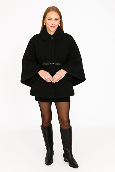 LACASE Women's Belted Plush Poncho Black