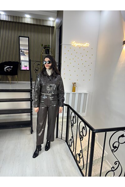 Butik Acı kahverengi Parlak deri krokodil timsah desen cepli bol paça PANTOLON