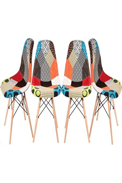 AWF AL WADI FURNITURE Sliko Eames 1 Round MDF Dining Table + 4 Patchwork Cushioned Chairs Dining Set - White