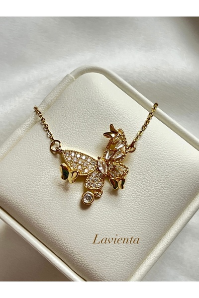 Lavienta قلادة فولاذية على شكل فراشة ذهبية وفضية