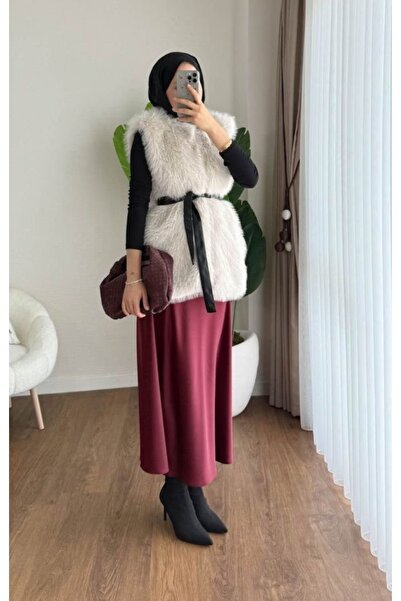 nizzell Women's Long Fur-Looking Belted Vest – Stylish Winter Fur Vest (Cream/Black/Coffee)