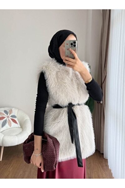 nizzell Women's Long Fur-Looking Belted Vest – Stylish Winter Fur Vest (Cream/Black/Coffee)
