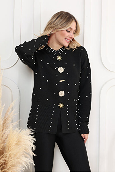 Cherry Butik Şık Taş Düğmeli Yırtmaç Detaylı İncili Yarım Balıkçı Triko Kazak Bluz