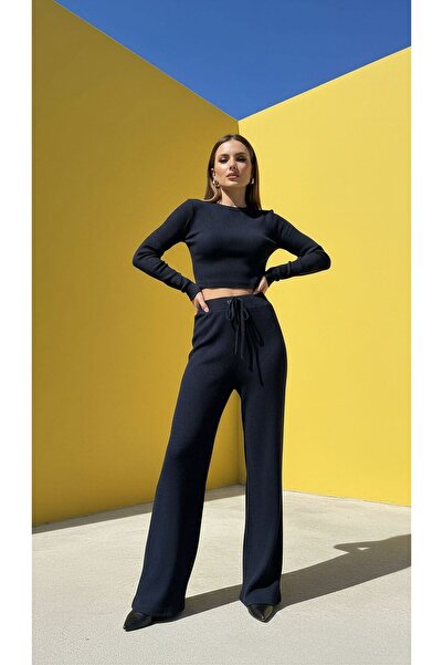 MioTrend Navy Blue Women's Wide Leg Tie-Waist Corded Fabric Pants