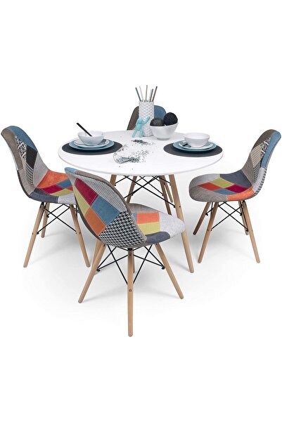 AWF AL WADI FURNITURE Sliko Eames 1 Round MDF Dining Table + 4 Patchwork Cushioned Chairs Dining Set - White