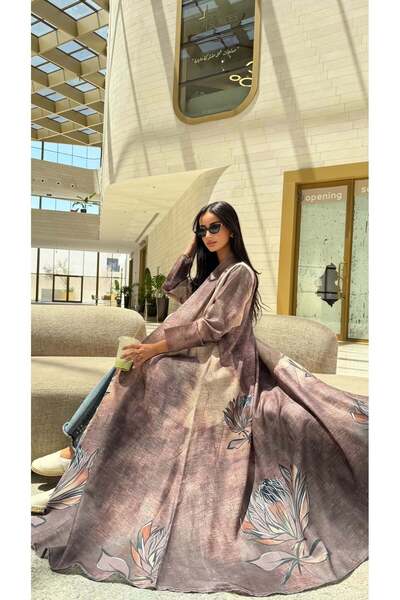 AYA عباية كتان مطبوعة باللون البني عباية كتان مطبوع باللون البني