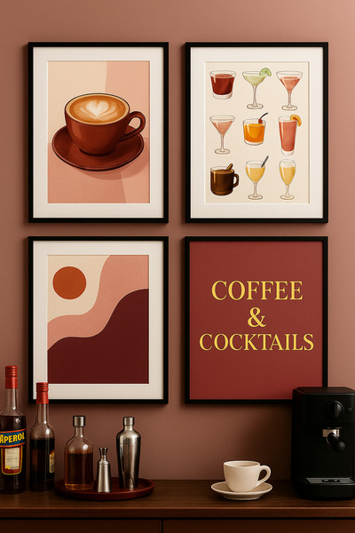 NT Handmade Laminated Framed Pvc Protected 4-Piece Coffee Cocktails Uv Printing Mdf Wall Painting Set