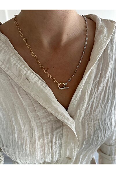 Charmist 14K Çelik Üzeri Altın Kaplama 2 Renk 60 Cm Kalp Kolye