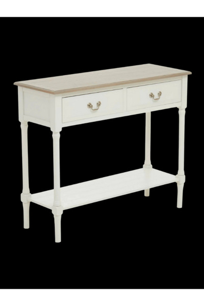 feruzadeco Beyaz Ahşap 2 Çekmeceli Dresuar – Rustik Üst Tablalı, Alt Raflı, Modern Country Konsol Masa 120 cm