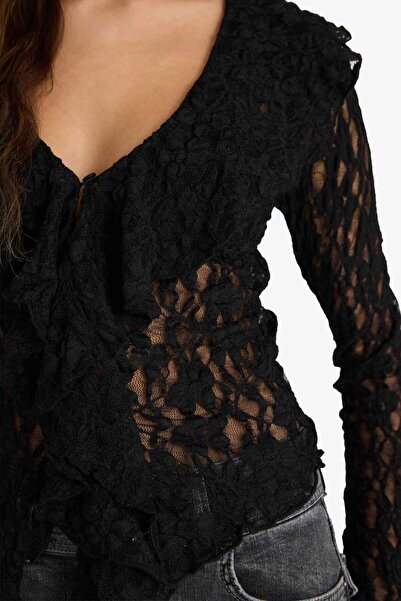 DeFacto Slim Fit Slim Fit V-Neck Lace Long Sleeve Blouse G4439Ax25Wn