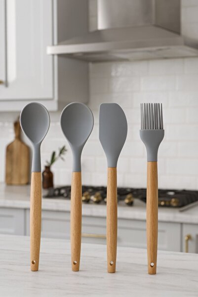 Pazarika Silikon Mutfak Aletleri Seti 4 Parça – Ahşap Saplı Spatula, Kaşık, K...