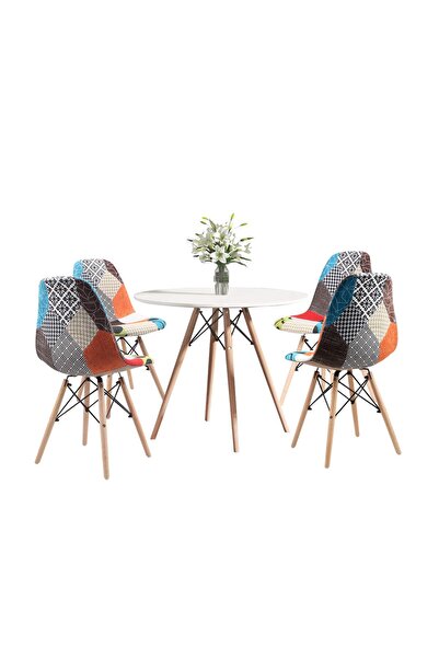 AWF AL WADI FURNITURE Sliko Eames 1 Round MDF Dining Table + 4 Patchwork Cushioned Chairs Dining Set - White