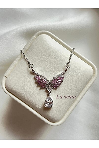 Lavienta قلادة من الفولاذ على شكل جناح ملاك مرصعة بأحجار الزركون الوردية الذه...