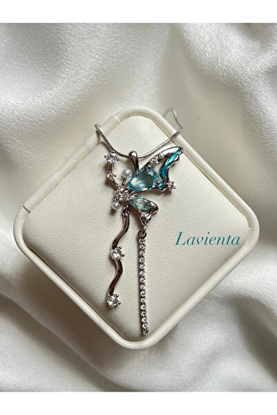 Lavienta قلادة فضية على شكل فراشة زرقاء من الفولاذ