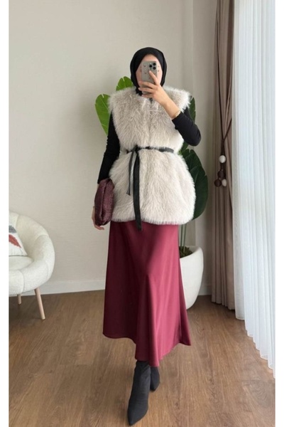 nizzell Women's Long Fur-Looking Belted Vest – Stylish Winter Fur Vest (Cream/Black/Coffee)