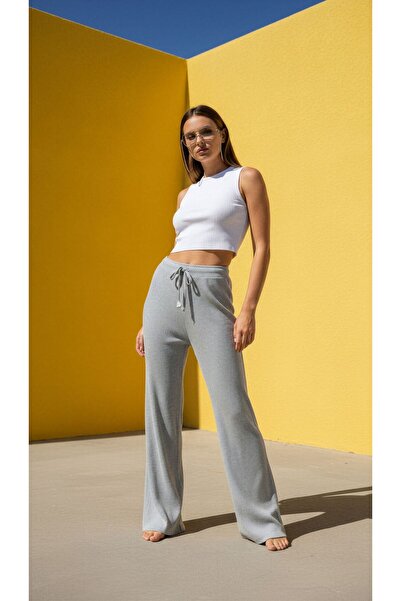 MioTrend Navy Blue Women's Wide Leg Tie-Waist Corded Fabric Pants