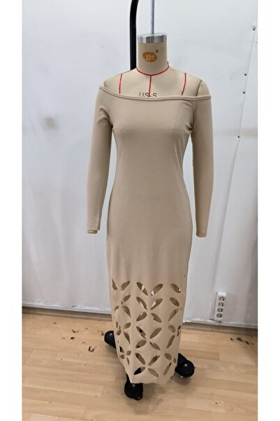 JANES Women's Madonna Collar Long Sleeve Laser Flower Cut Detailed Long Imported Crepe Dress