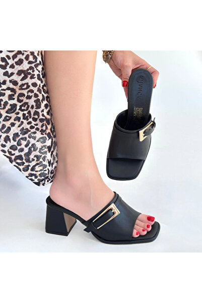 ALFA AKSESUAR 03 Ziva black leather high heel slippers