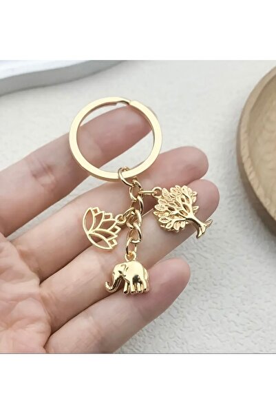 PİRAMİGO Elephant, Lotus and Tree of Life Keychain (Gold Plated)
