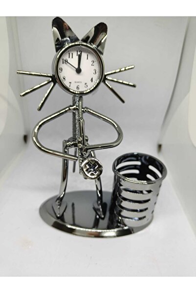 Meya design Desk Clock with Cat Figure and Pen Holder