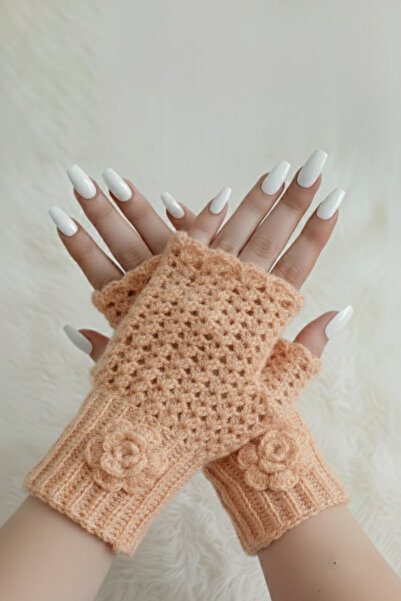 ZEYZON Gül Detaylı El Örgüsü Parmaksız Eldiven – Yavruağzı Renk, El Yapımı Za...