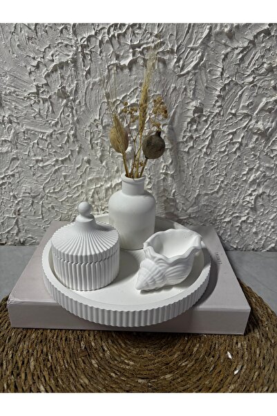 Zigzag Home Set de 4 vaze decorative cu tăvi cu dungi, suport pentru lumânări din scoici de mare, set cutie cu capac, vază cu flori în stil boem