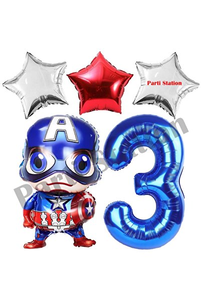 Parti Station Avengers Captain America Concept 3 Years Old Navy Blue Number Balloon Set Captain America Birthday Set