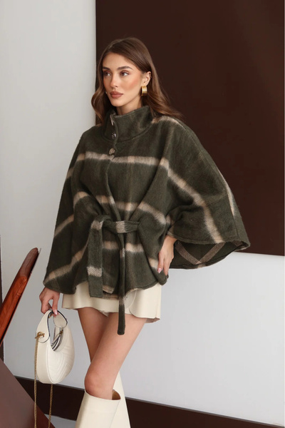 Lusin Women's Brown Plaid Patterned Premium Poncho Jacket with Belt Detail