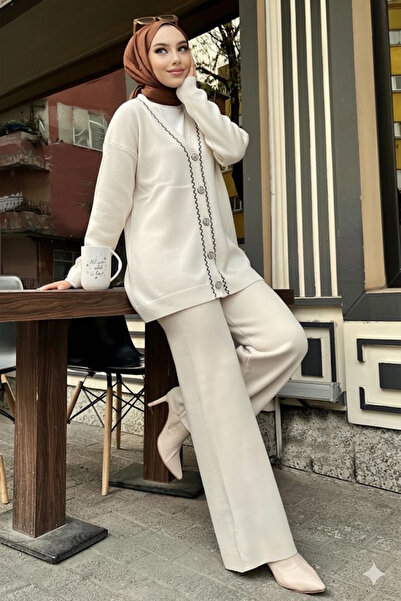 Cherry Butik Tunică Cardigan cu nasturi Pantaloni Set de tricotaje cu pantaloni