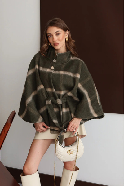 Lusin Women's Brown Plaid Patterned Premium Poncho Jacket with Belt Detail