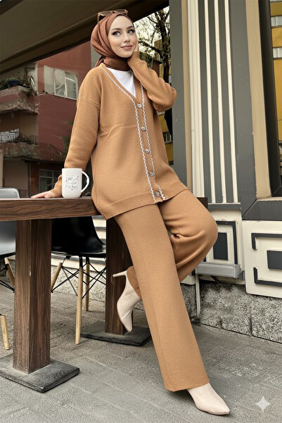 Cherry Butik Tunică Cardigan cu nasturi Pantaloni Set de tricotaje cu pantaloni