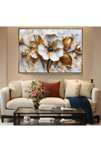 EMYA HOME Premium Gold Metal Çerçeveli Çiçek Cam Tablo