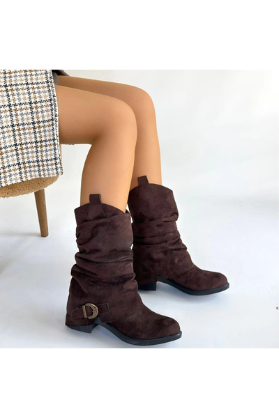 ALFA AKSESUAR 03 Canty Brown Suede Bellows Heeled Boots