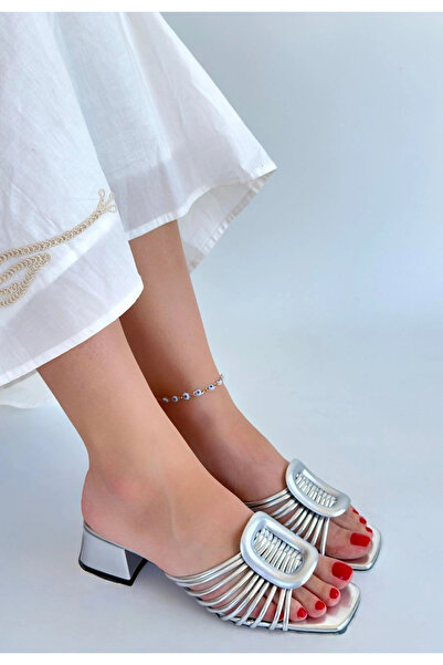 ALFA AKSESUAR 03 Anca Silver Patent Leather Heeled Slippers