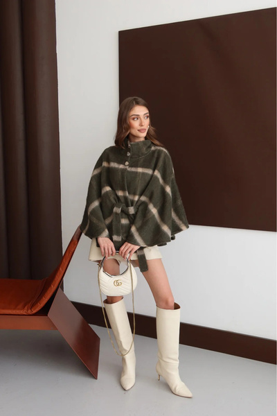 Lusin Women's Brown Plaid Patterned Premium Poncho Jacket with Belt Detail