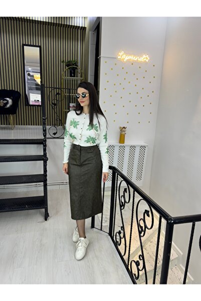 Butik Haki yeşil Eskitme yıkama desenli mat deri arkadan yırtmaçlı uzun kalem...